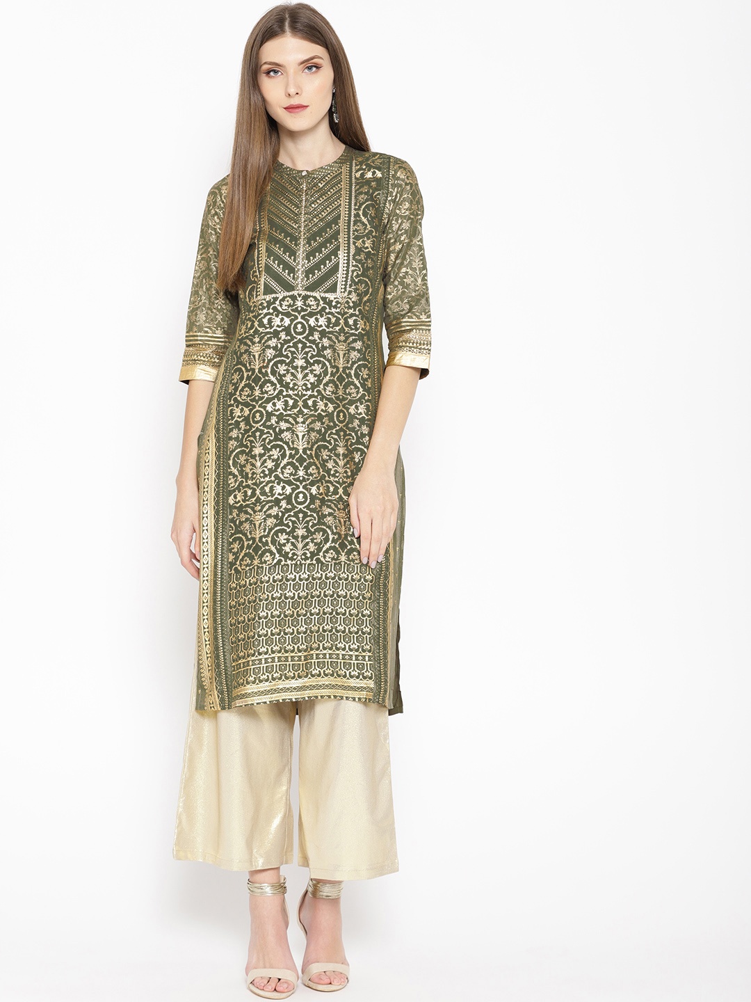 

AURELIA Women Olive Green & Golden Printed Straight Kurta