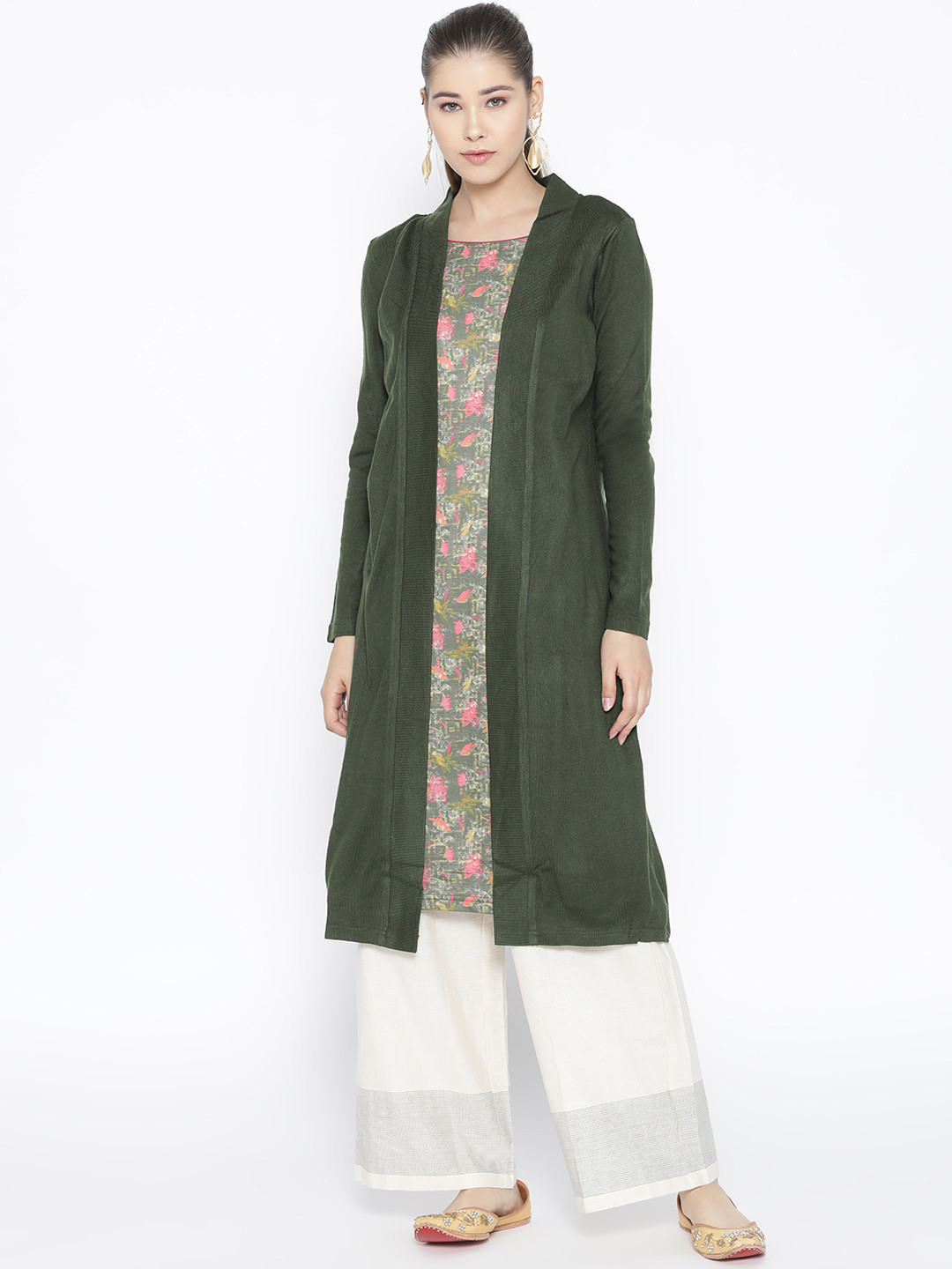 

AURELIA Women Olive Green & Pink Floral Printed Layered Straight Kurta