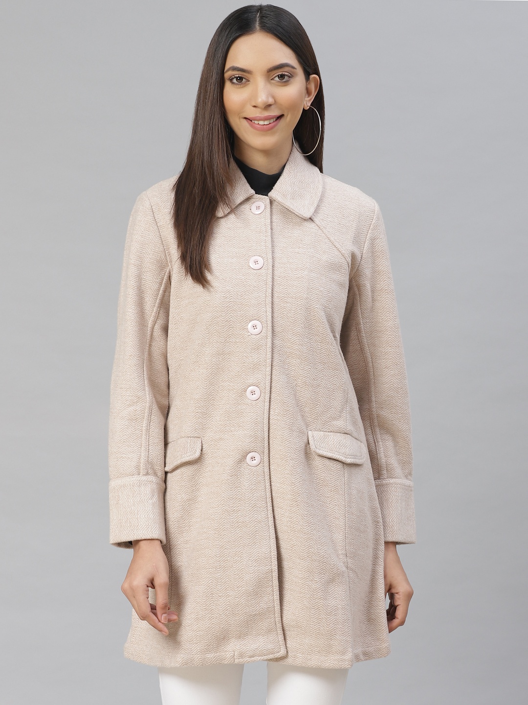 

AURELIA Women Beige Self Design Overcoat