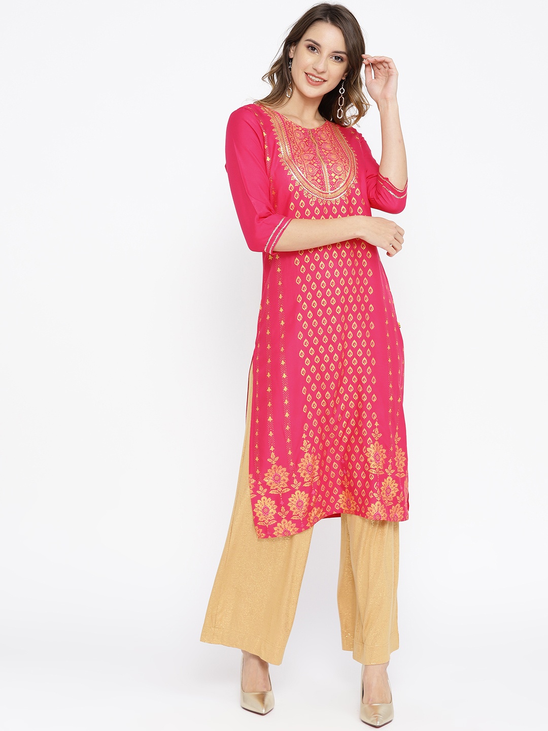 

AURELIA Women Pink & Golden Printed Straight Kurta