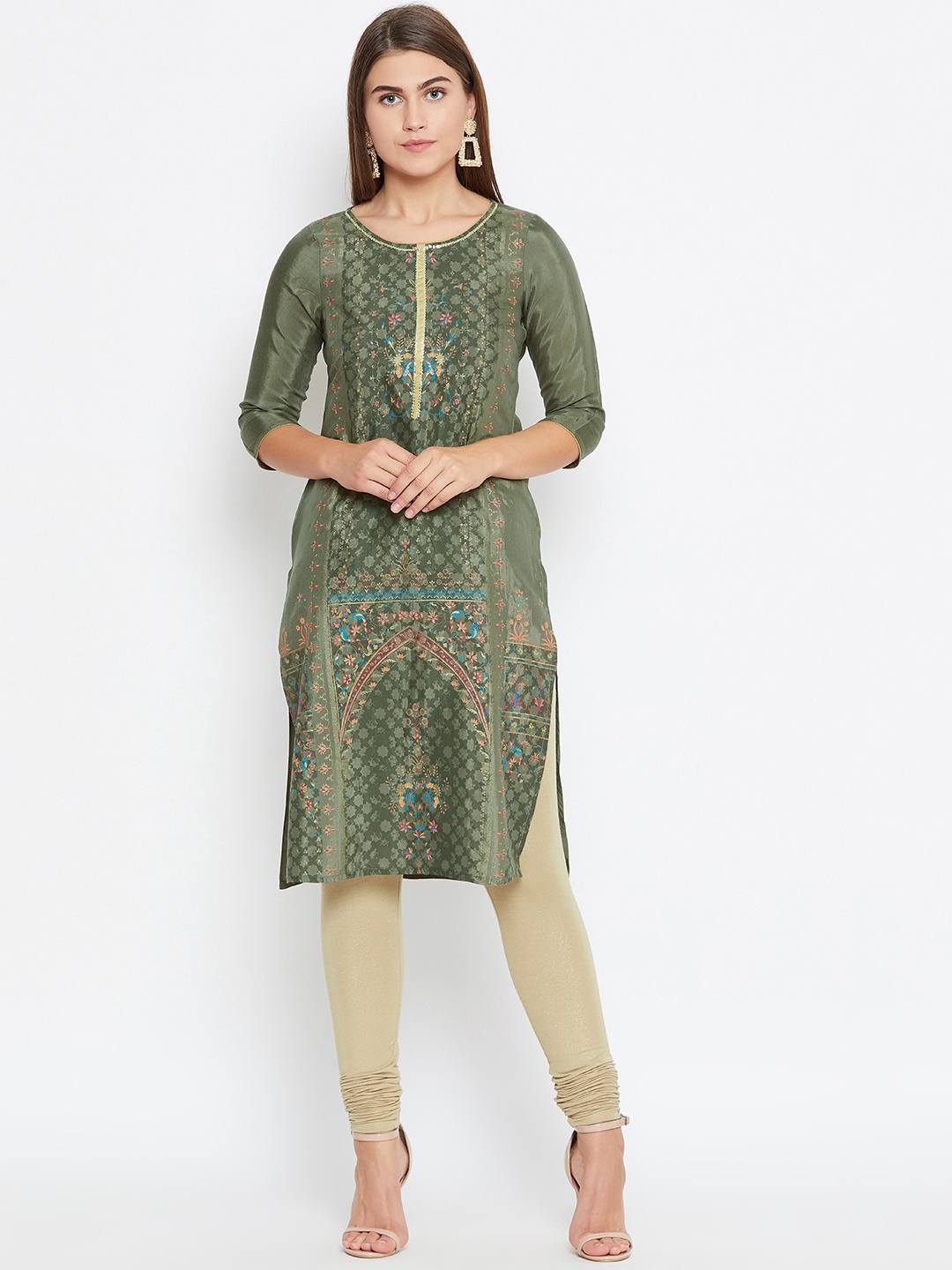 

AURELIA Women Olive Green & Golden Printed Straight Kurta