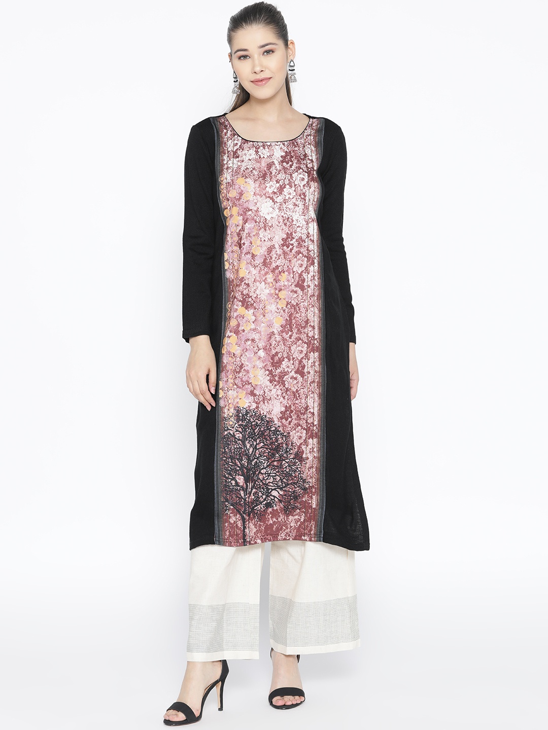 

AURELIA Women Black & Burgundy Floral Print Straight Kurta