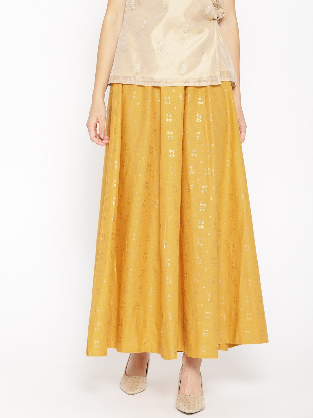 

AURELIA Mustard Yellow Printed Pure Cotton A-Line Maxi Skirt