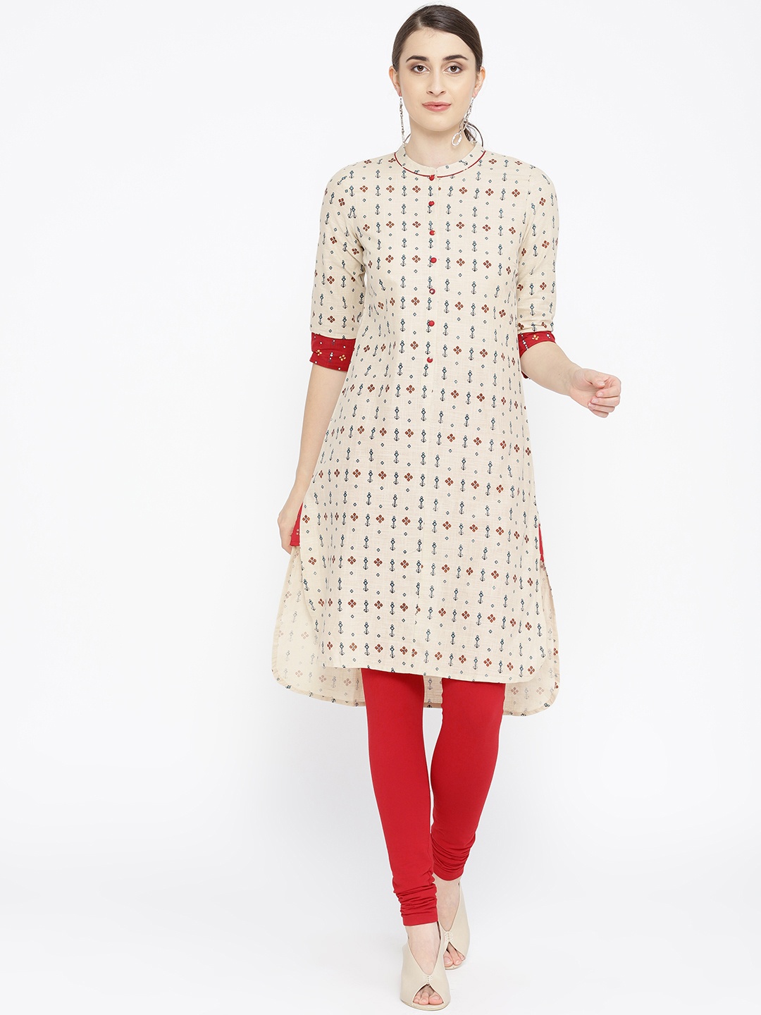 

AURELIA Women Cream-Coloured & Sea Green Printed Straight Kurta