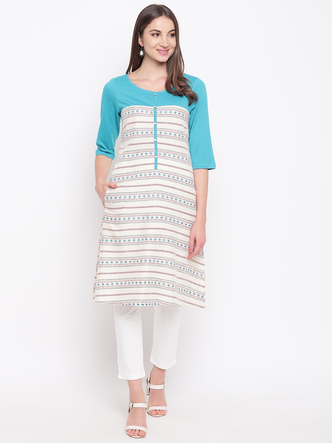 

AURELIA Women Off-White & Blue Striped A-Line Kurta