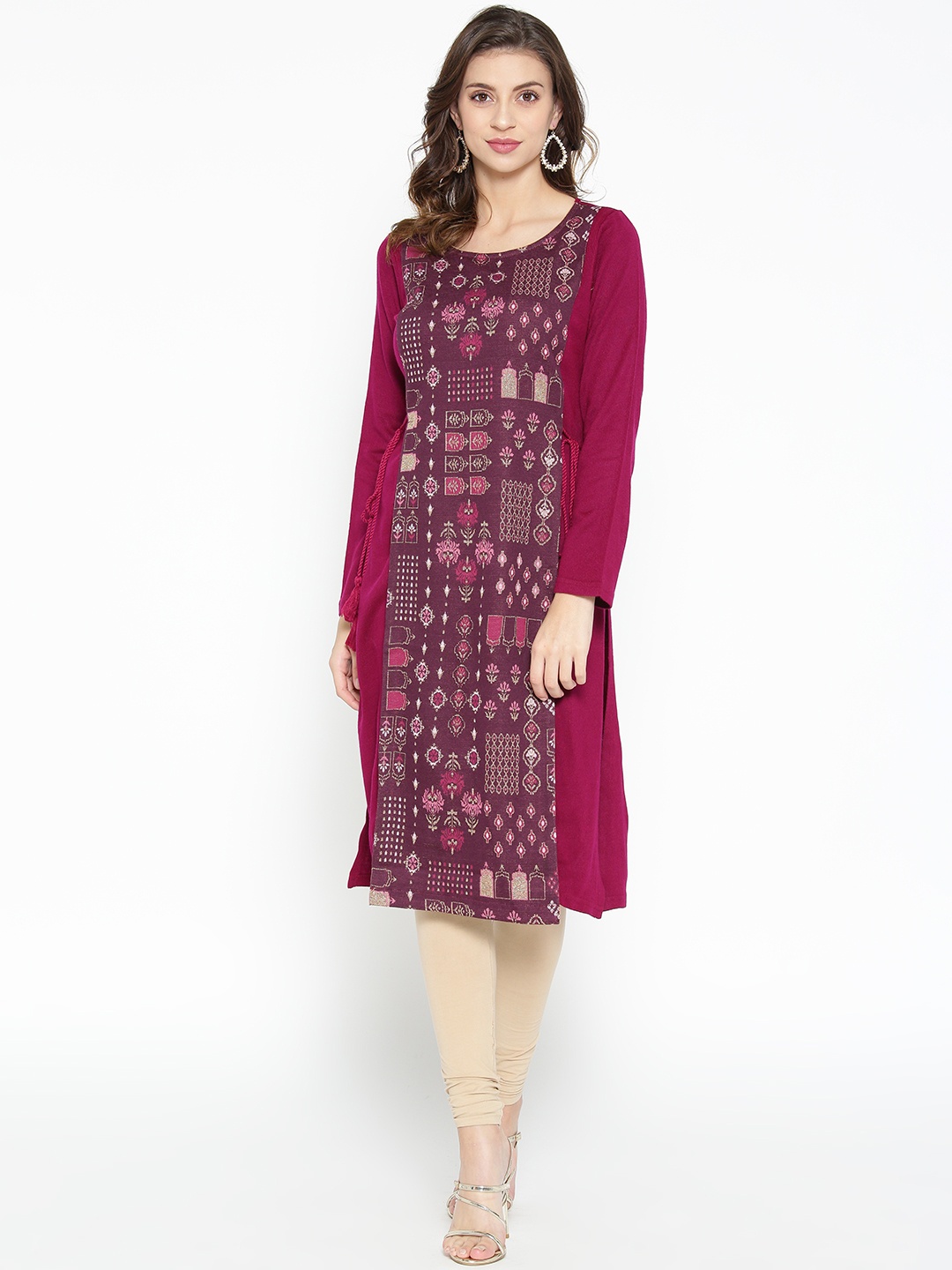 

AURELIA Women Purple Woven Design Layered Straight Winter Kurta