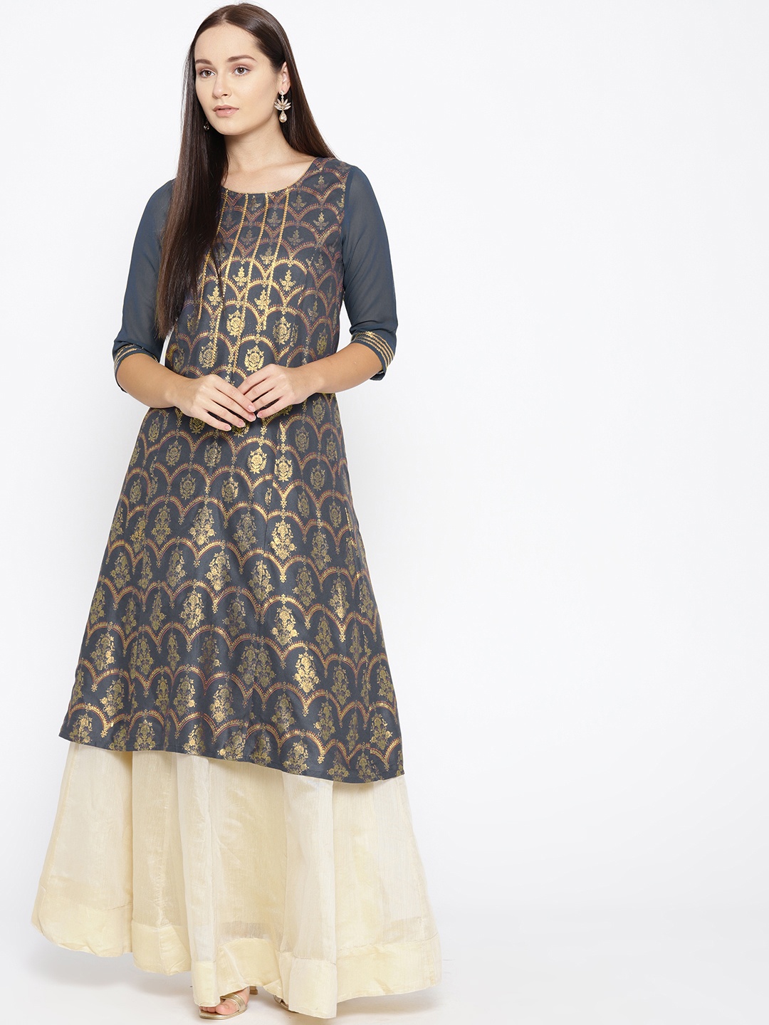 

AURELIA Women Grey & Golden Printed A-Line Kurta