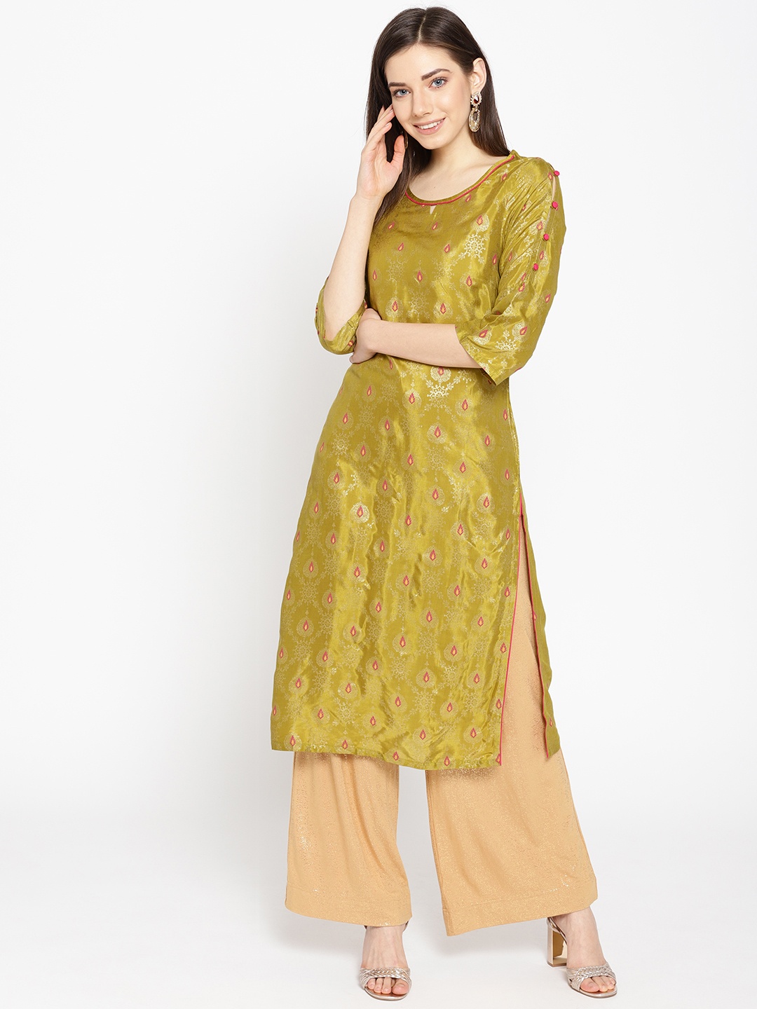 

AURELIA Women Green & Pink Printed Straight Kurta