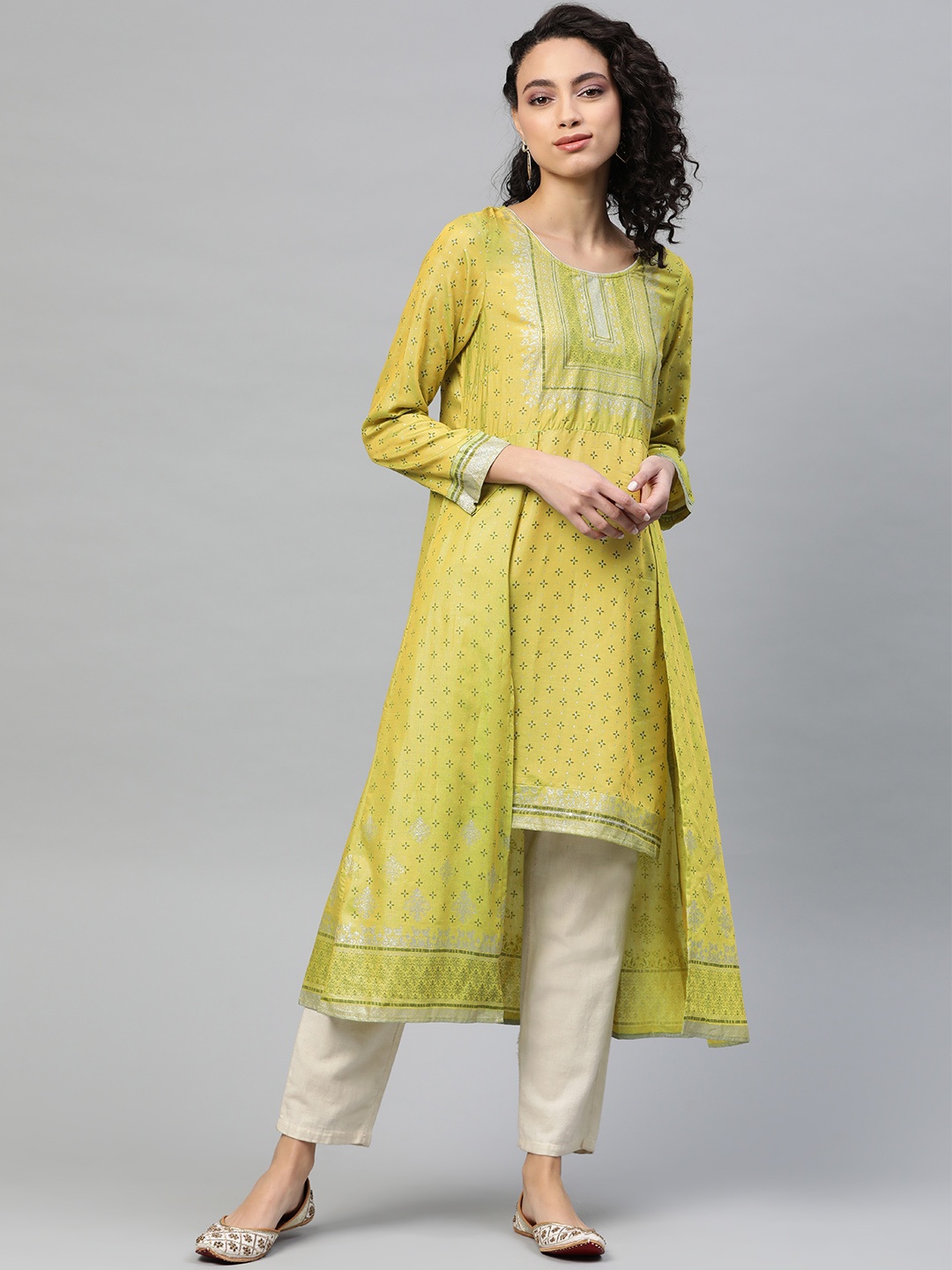 

AURELIA Women Lime Green & Silver Printed A-Line Kurta