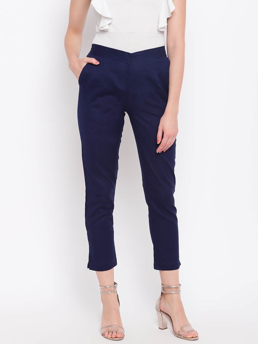 

AURELIA Women Navy Blue Regular Fit Printed Cropped Trousers