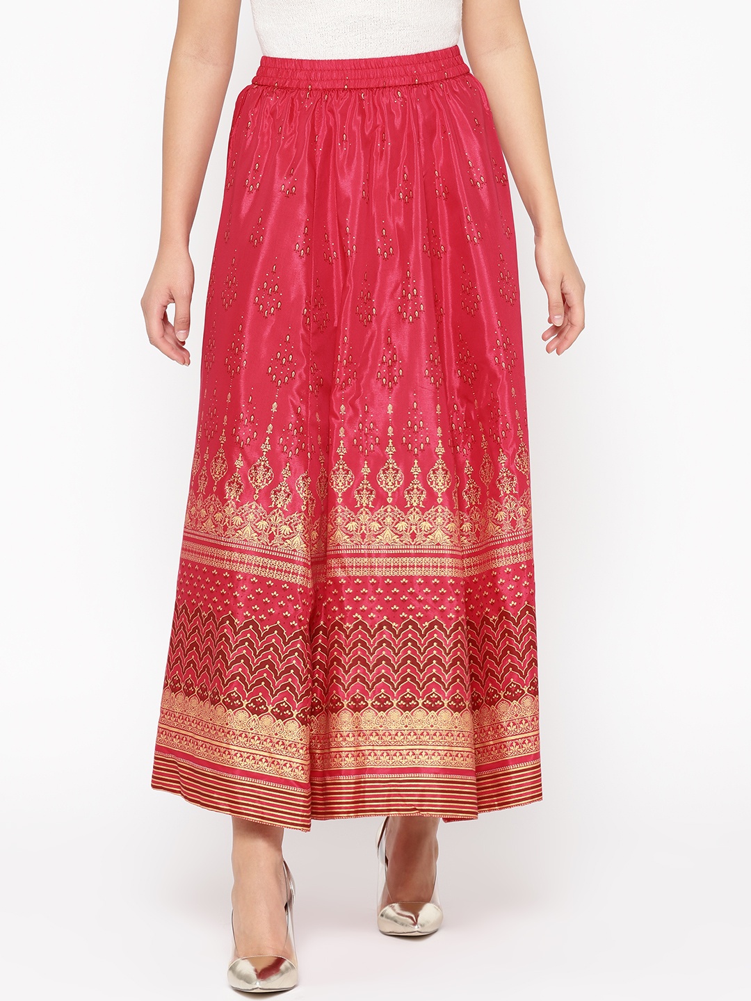 

AURELIA Women Magenta & Golden Printed Maxi Flared Skirt