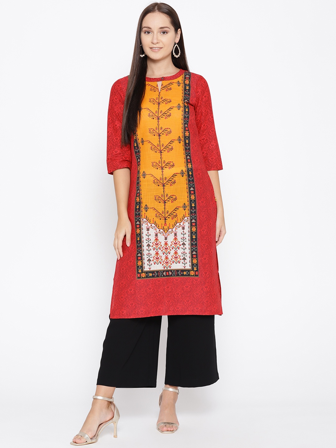 

AURELIA Women Red & Orange Printed Straight Kurta