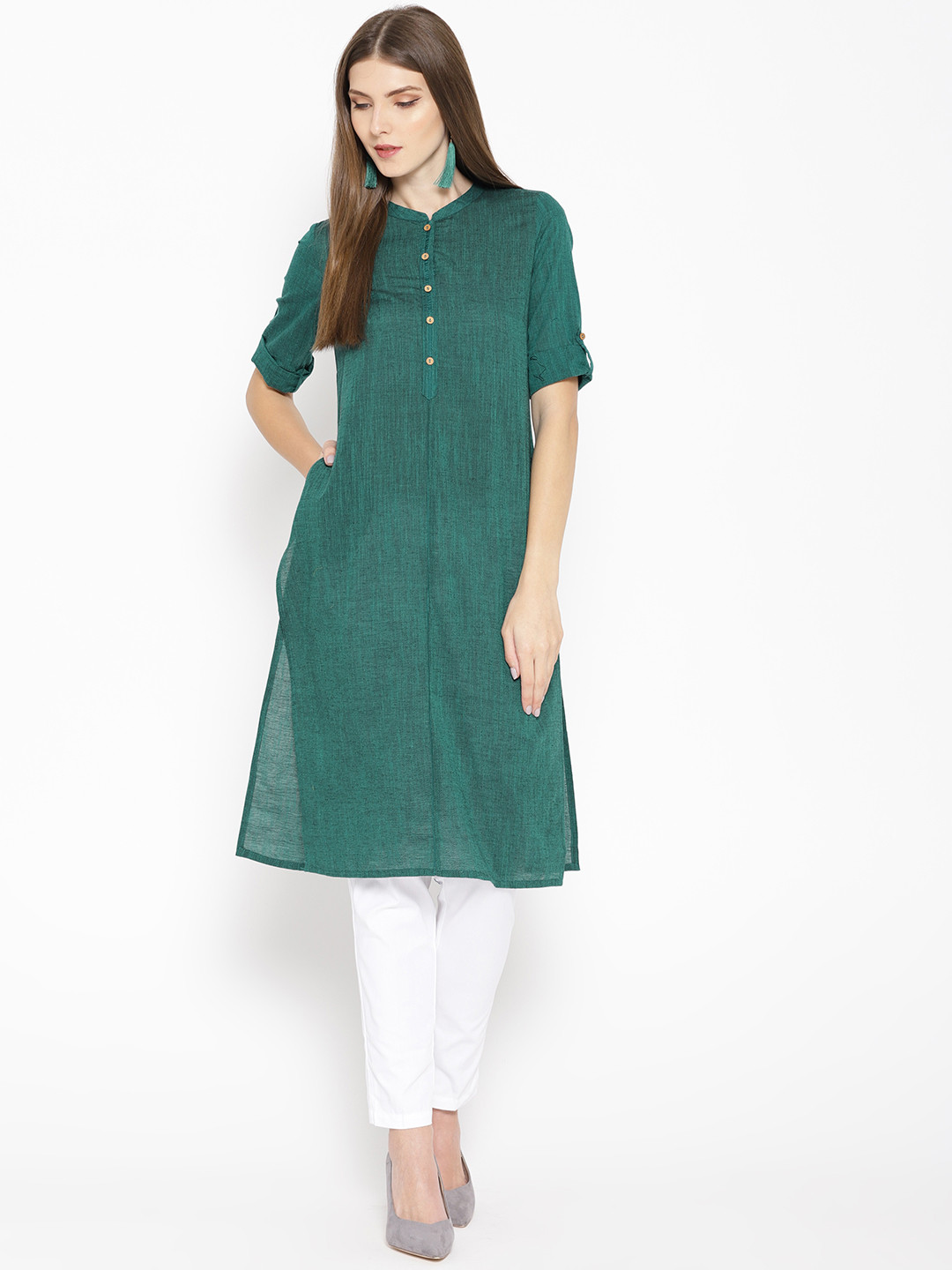 

AURELIA Women Green Woven Design Straight Kurta