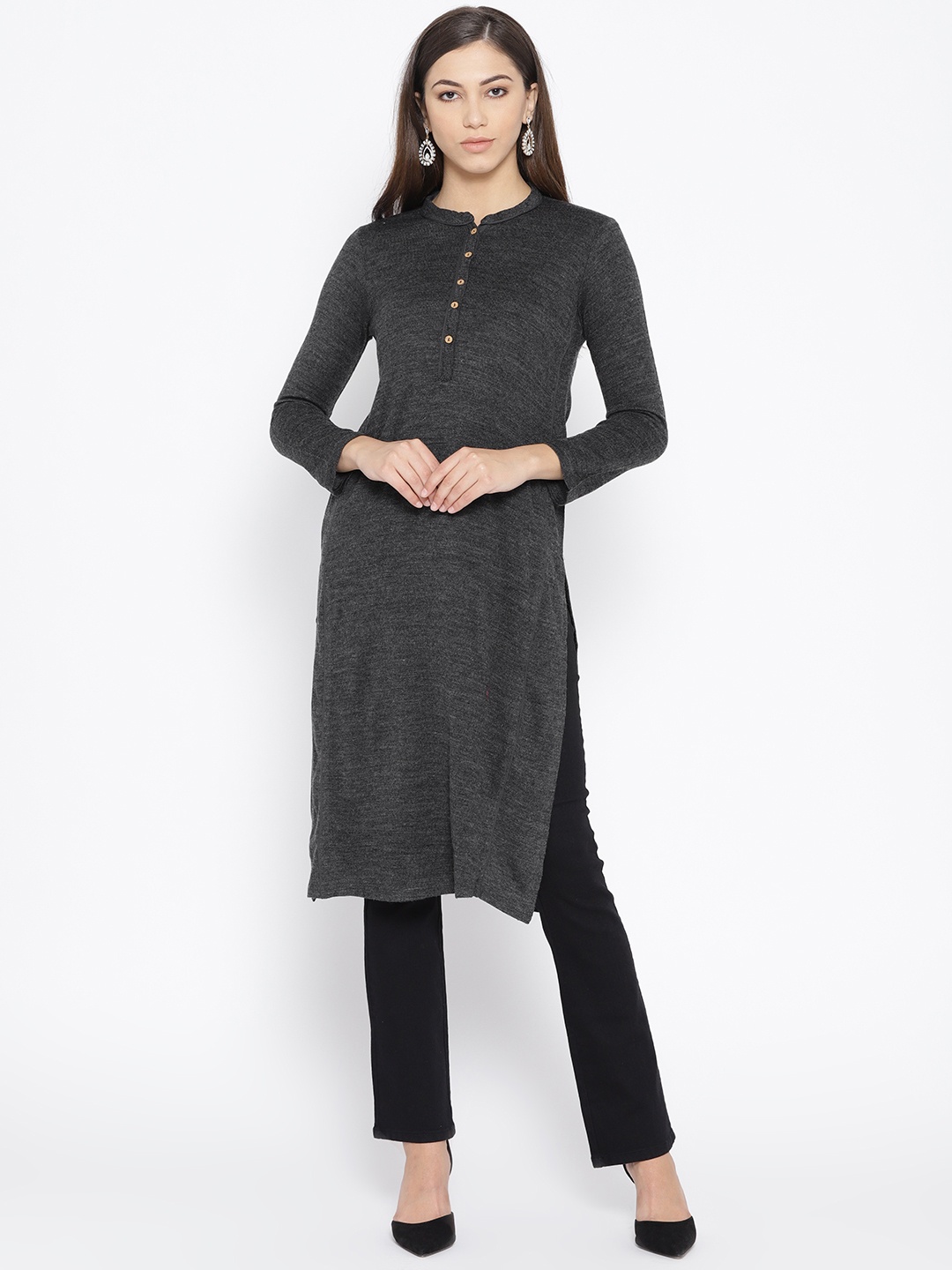 

AURELIA Women Charcoal Grey Solid Knitted Winter Straight Kurta