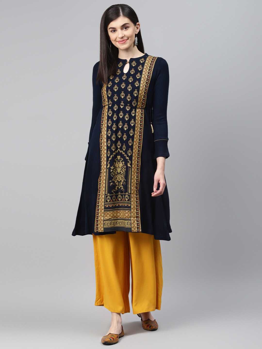 

AURELIA Women Navy Blue & Mustard Yellow Layered Printed A-Line Winter Kurta