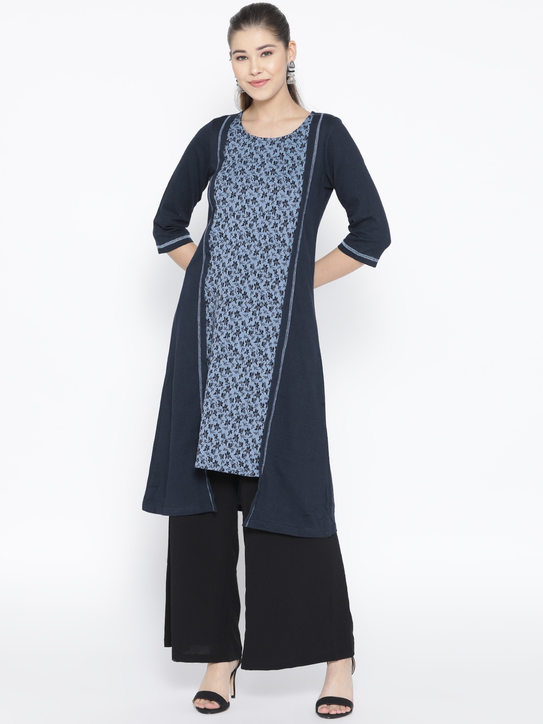 

AURELIA Women Blue Floral Woven Design Straight Kurta