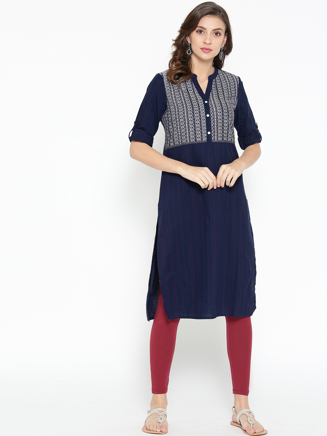

AURELIA Women Navy Blue & White Yoke Design Straight Kurta