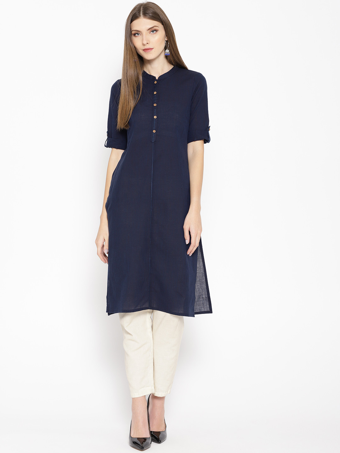 

AURELIA Women Navy Blue Solid Straight Kurta