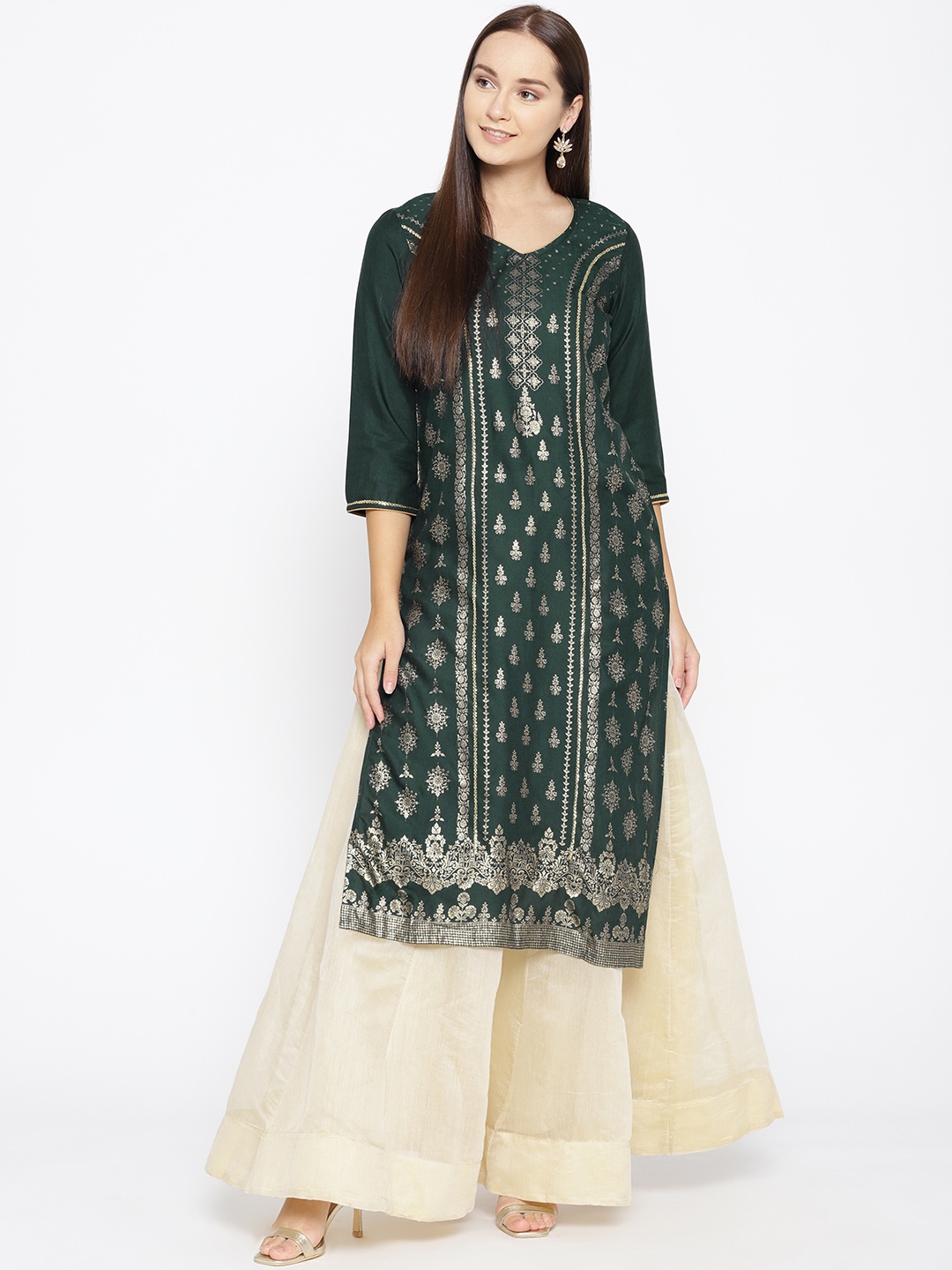 

AURELIA Women Green & Golden Printed Straight Kurta