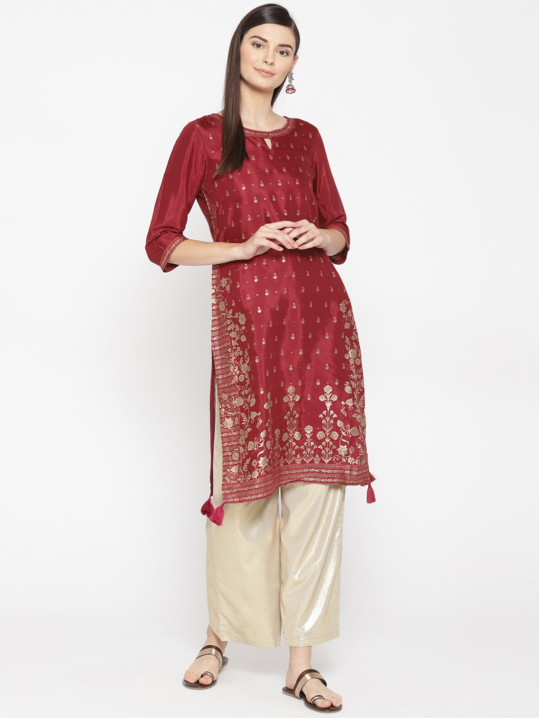 

AURELIA Women Maroon & Golden Printed Straight Kurta