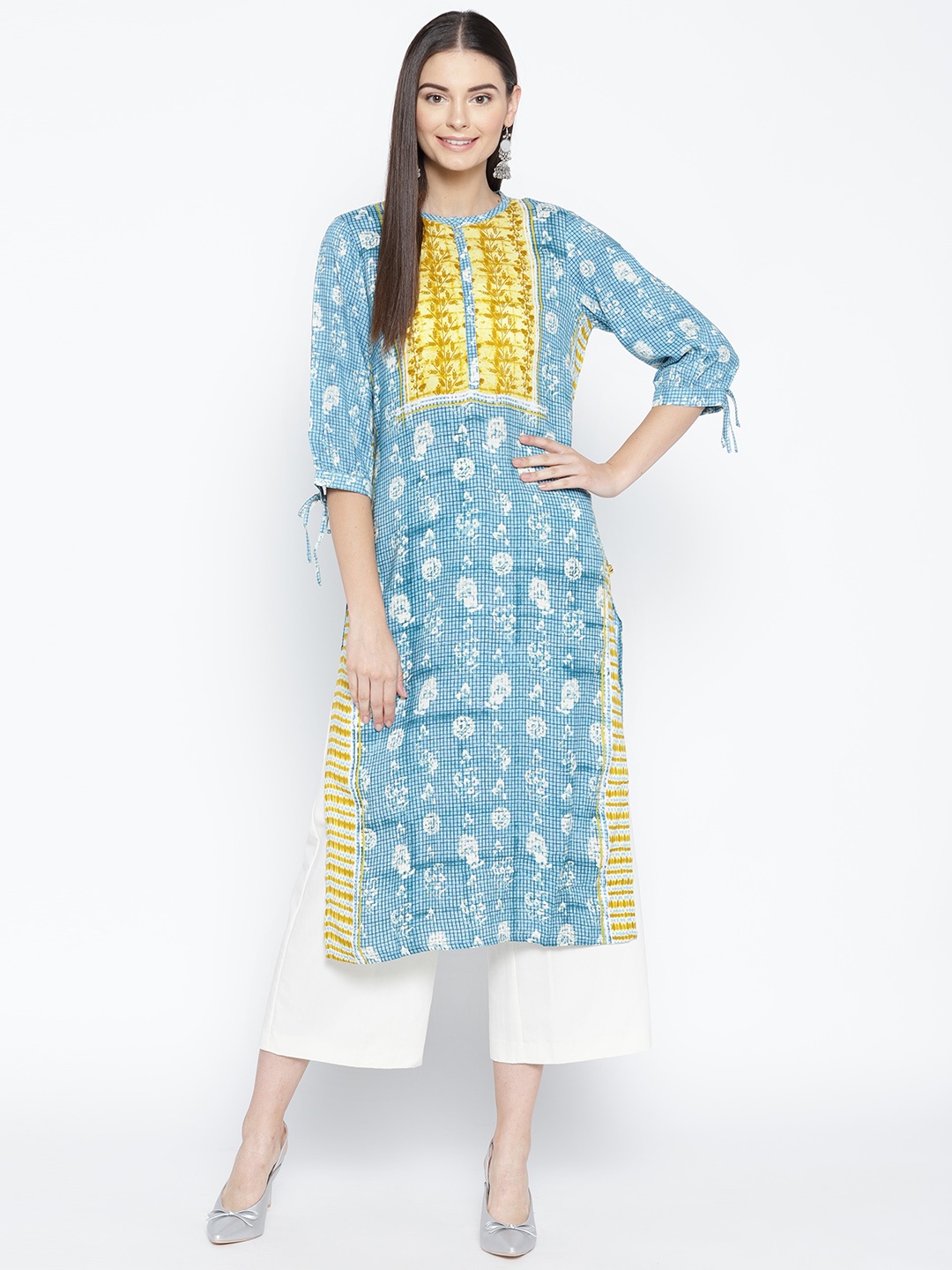 

AURELIA Women Blue & Yellow Printed Straight Kurta