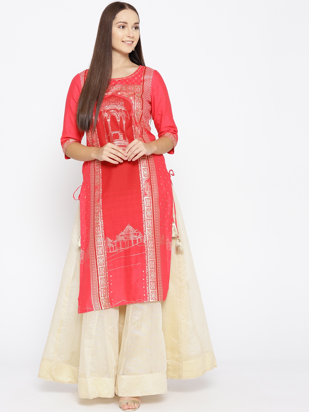 

AURELIA Women Pink & Golden Printed Straight Kurta