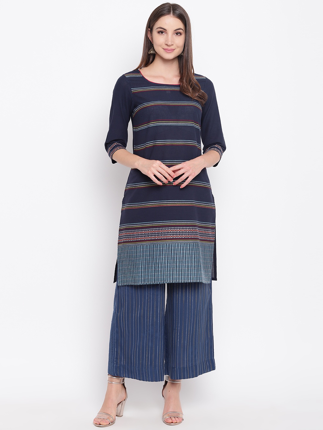 

AURELIA Women Navy Blue Striped Straight Kurta