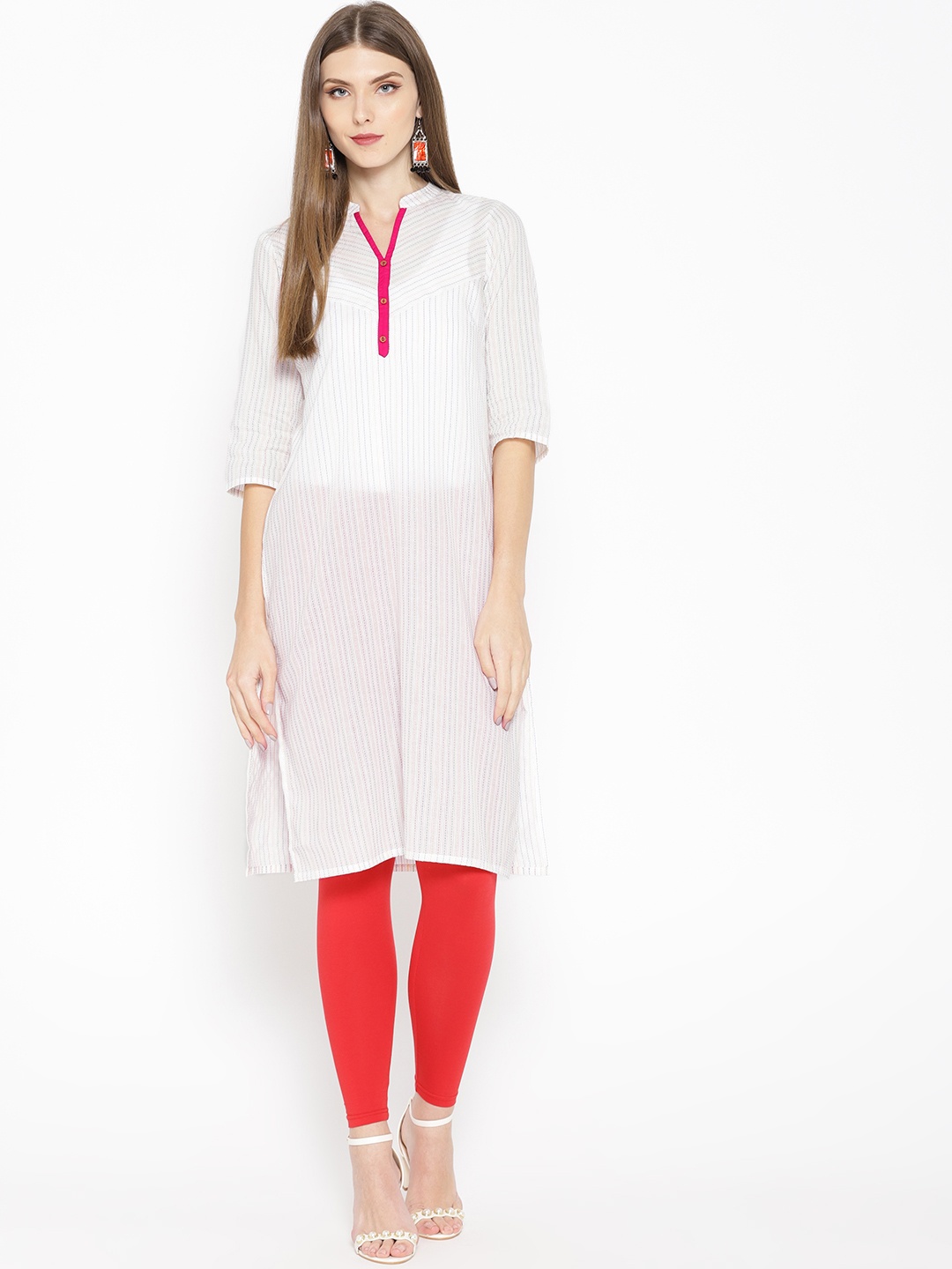 

AURELIA Women White Self-Striped Straight Kurta