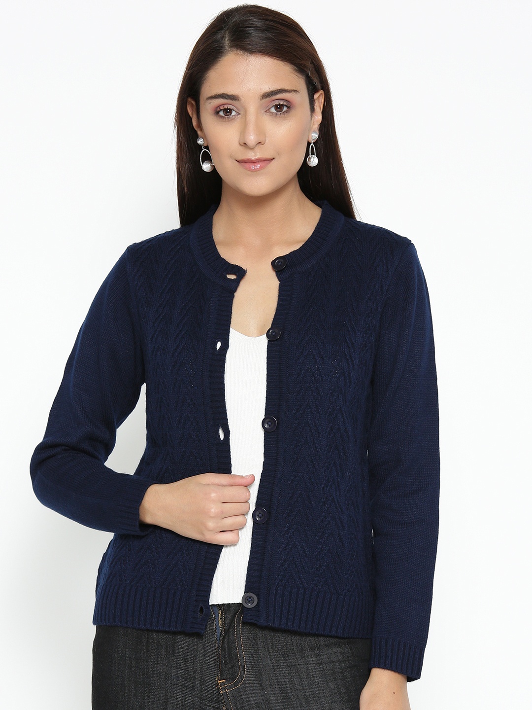 

AURELIA Women Navy Blue Self Design Cardigan