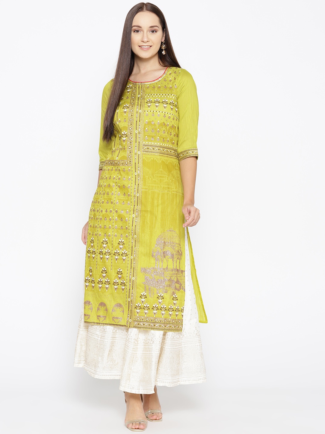 

AURELIA Women Lime Green & Golden Printed Straight Kurta
