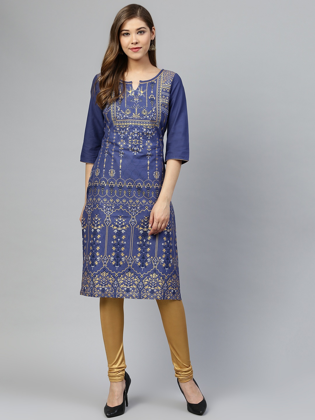 

AURELIA Women Blue & Golden Printed Straight Kurta