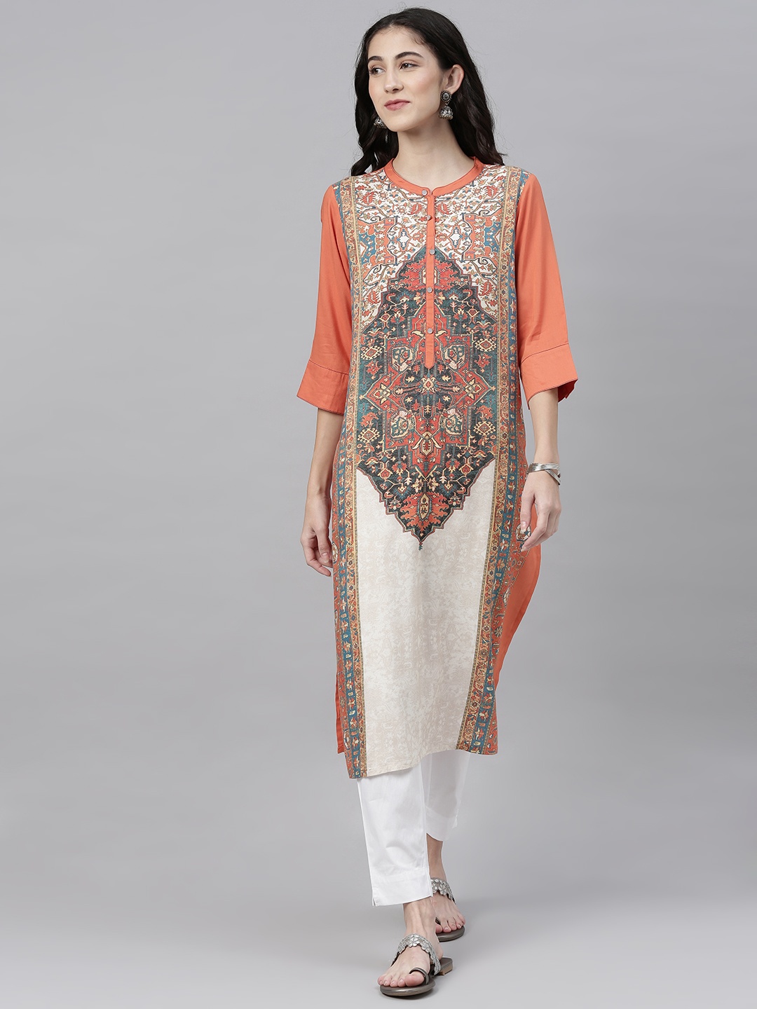

AURELIA Women Orange & Off-White Printed Straight Kurta