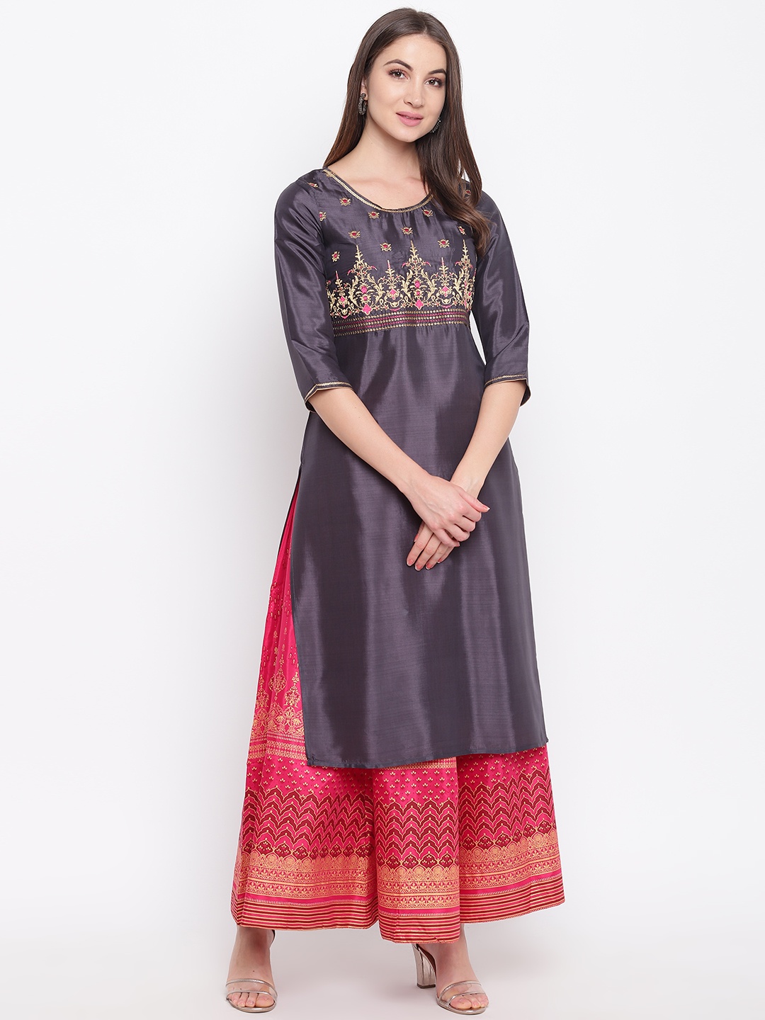 

AURELIA Women Charcoal Grey & Golden Yoke Design Straight Kurta