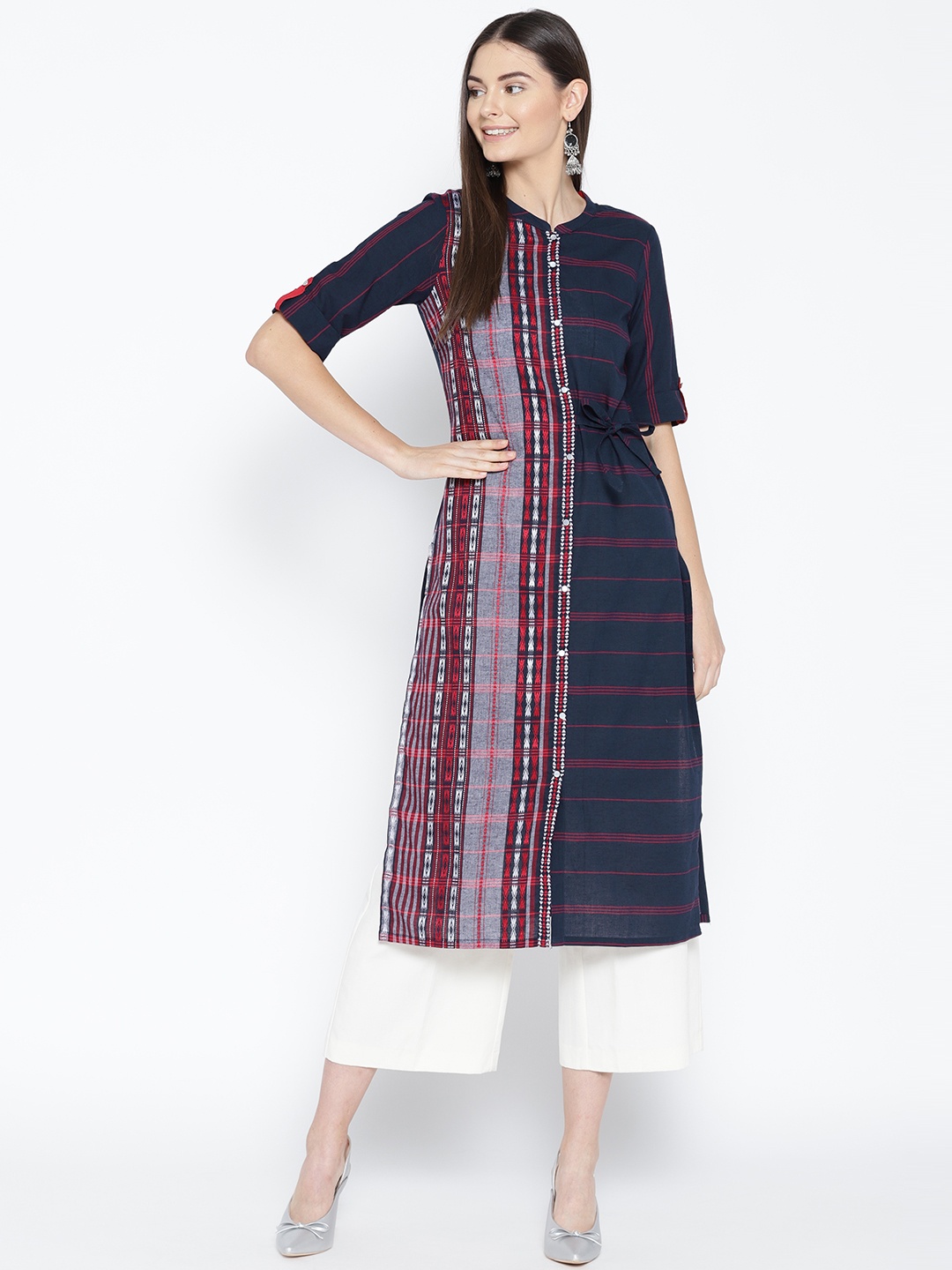 

AURELIA Women Navy Blue & Red Striped Straight Kurta