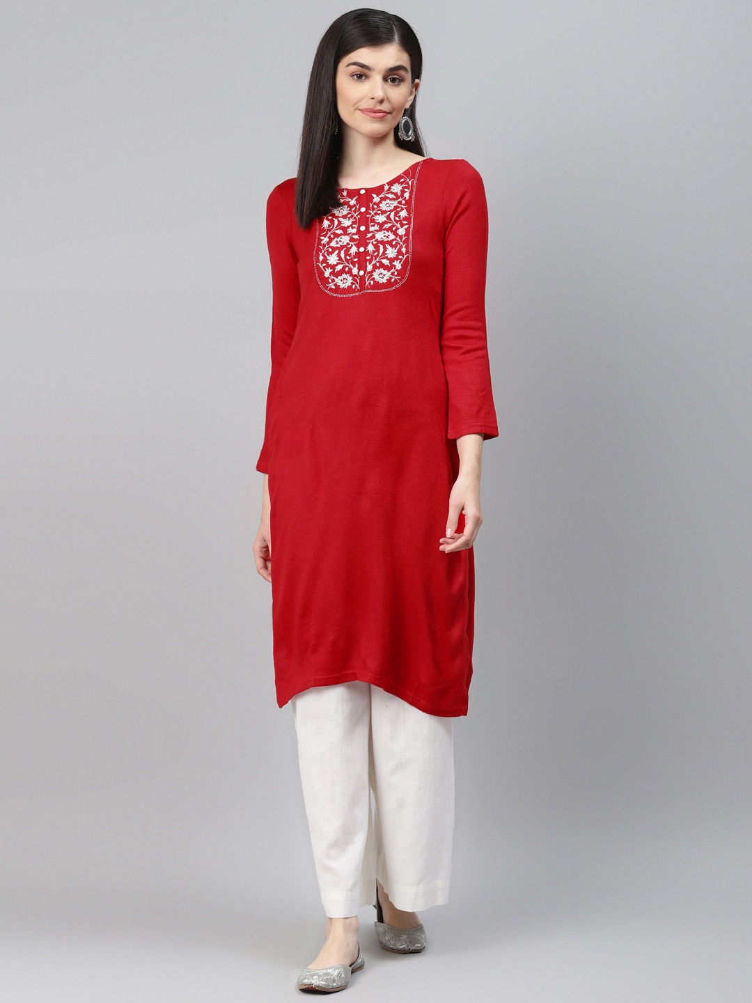 

AURELIA Women Red & Silver Yoke Design Straight Winter Kurta