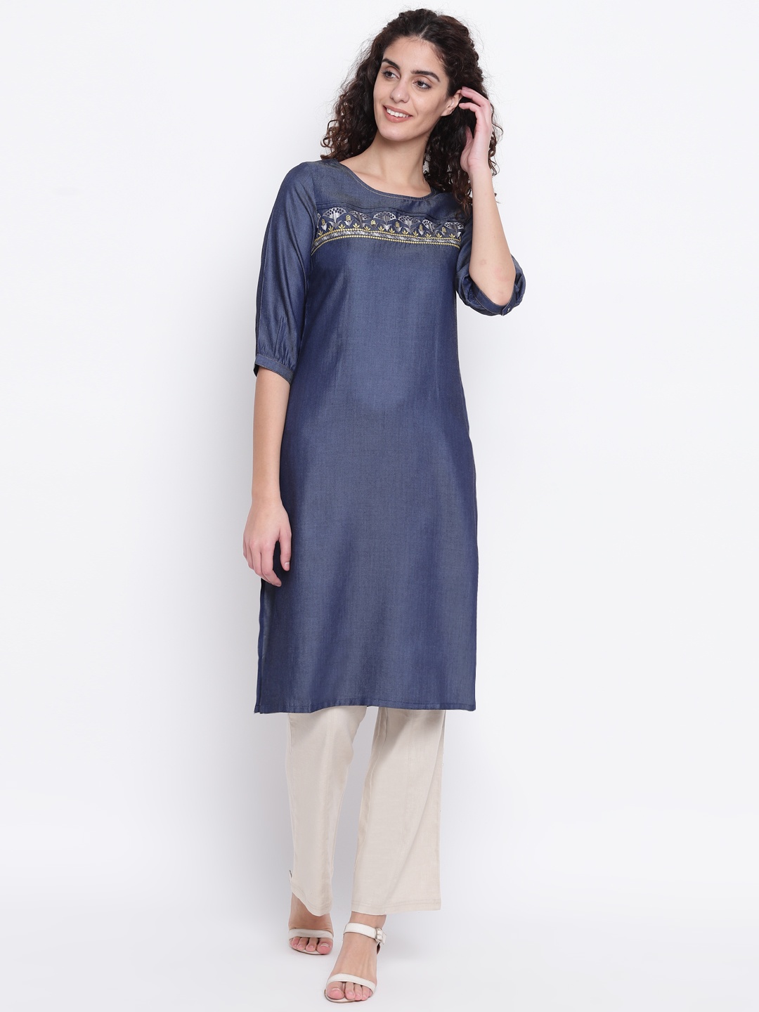 

AURELIA Women Navy Blue Chambray Embroidered Detail Straight Kurta