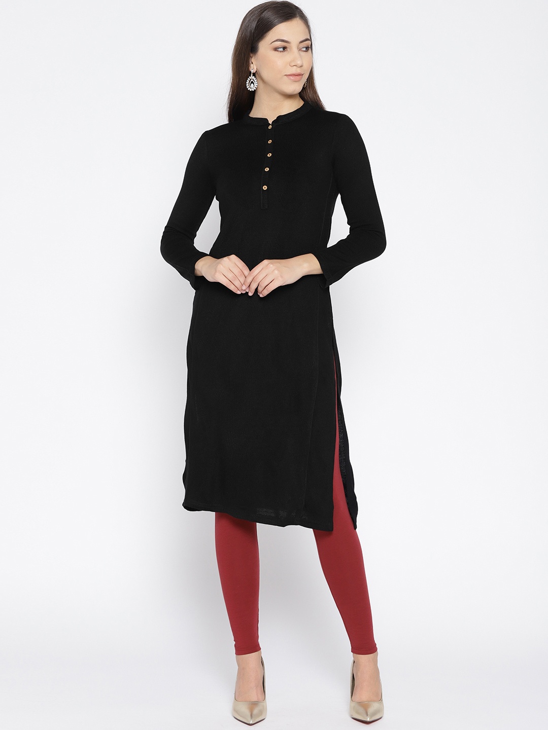 

AURELIA Women Black Solid Knitted Winter Straight Kurta