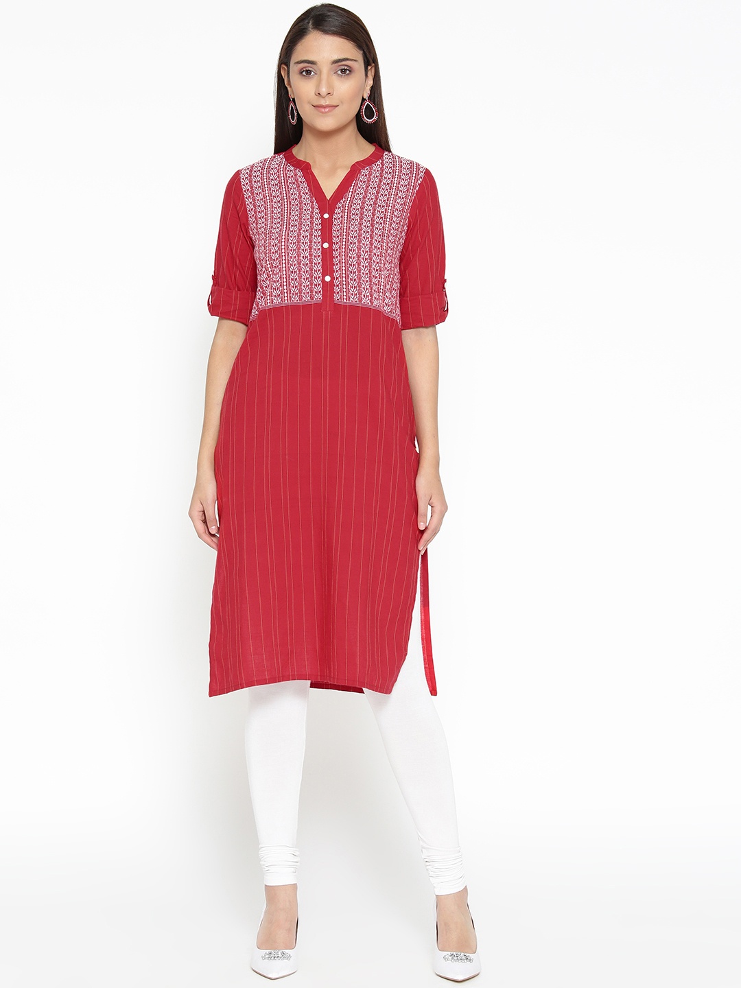 

AURELIA Women Red & White Yoke Design Straight Kurta