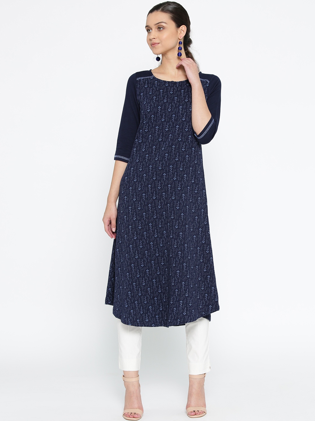 

AURELIA Women Navy Blue Printed A-Line Kurta