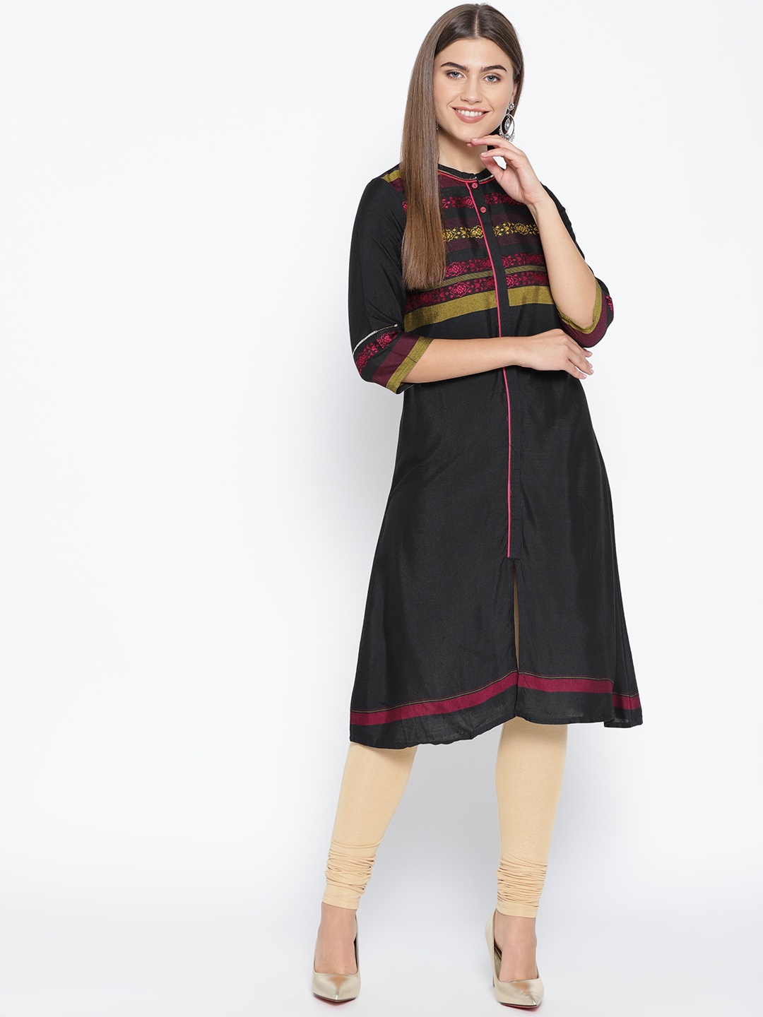

AURELIA Women Black & Pink Yoke Design A-Line Kurta