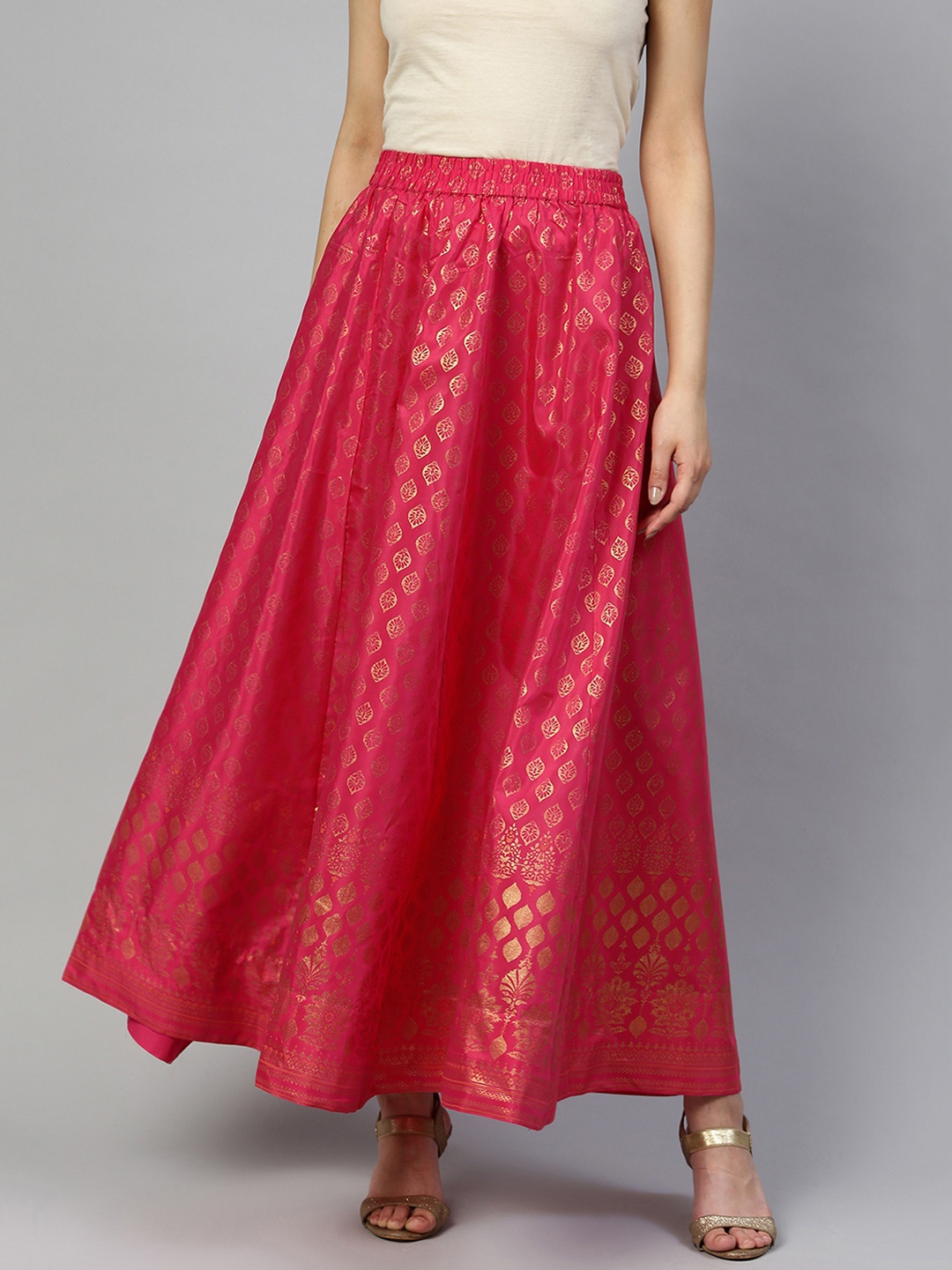 

AURELIA Women Pink & Golden Printed Flared Maxi Skirt