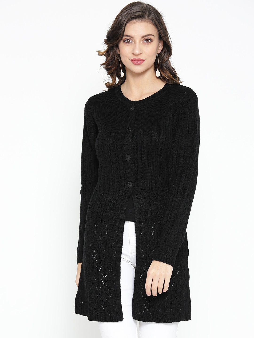 

AURELIA Women Black Self Design Longline Cardigan