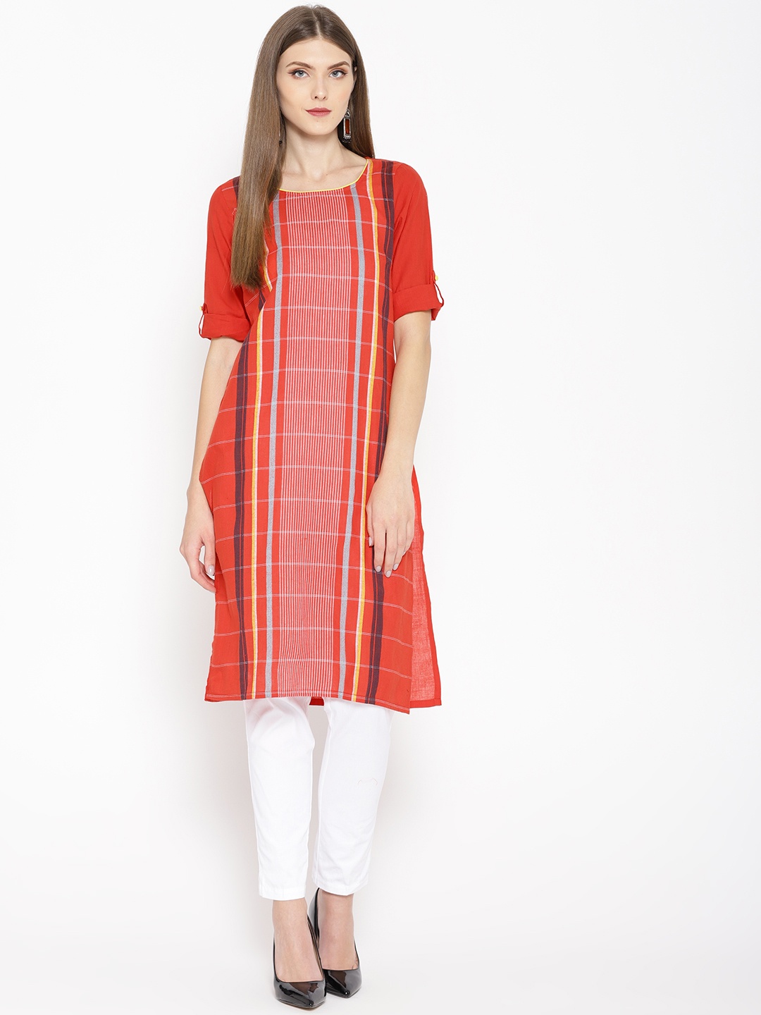 

AURELIA Women Straight Cotton Kurta, Coral
