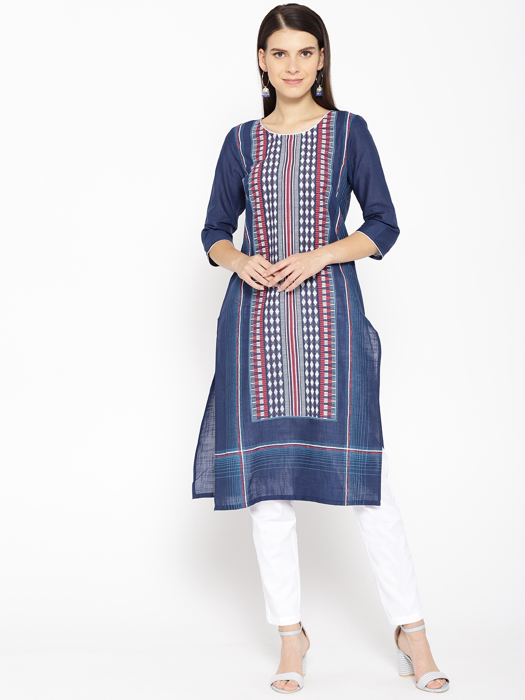 

AURELIA Women Navy Blue & White Printed Straight Kurta