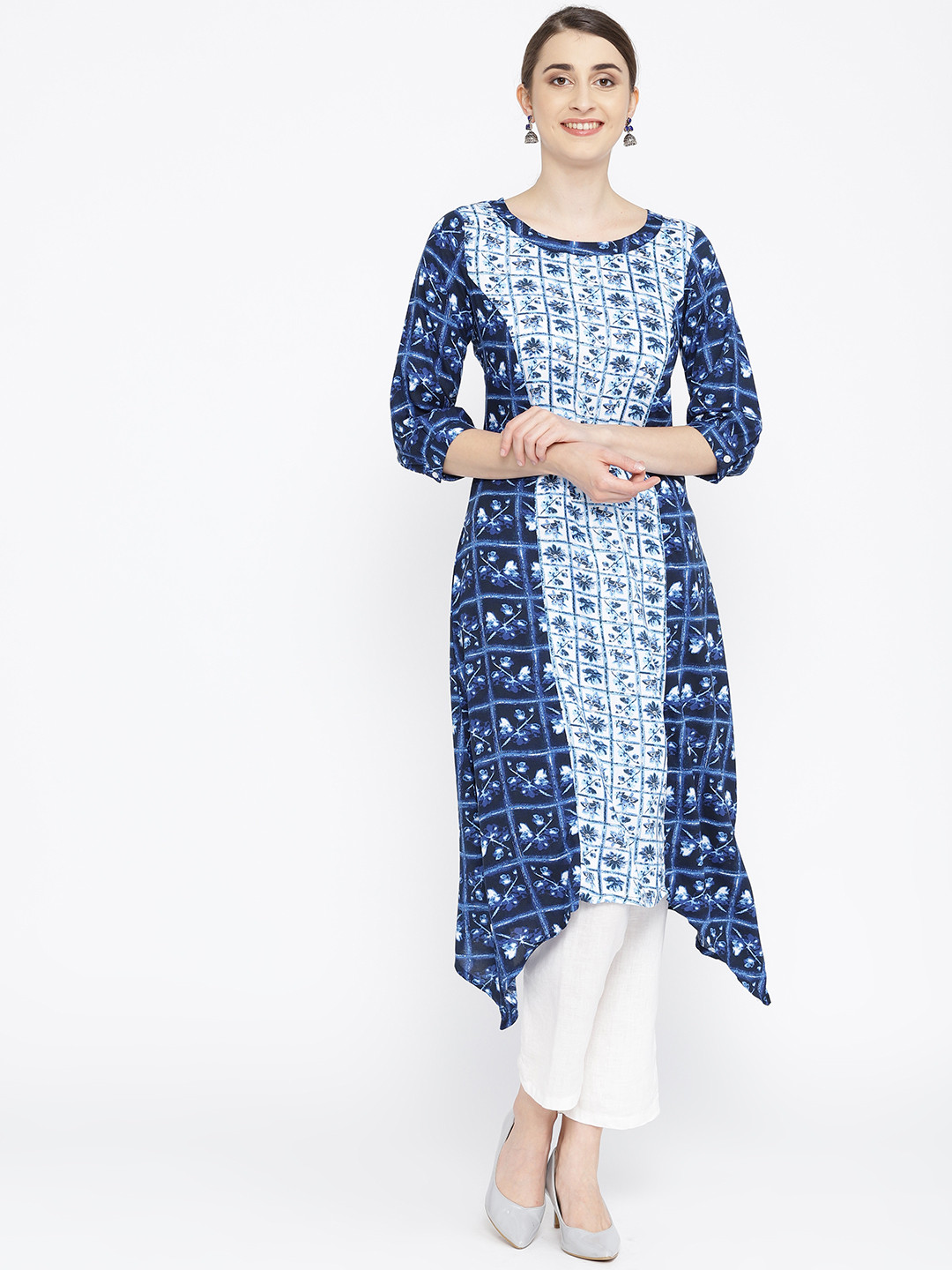 

AURELIA Women Blue & White Printed Asymmetric A-Line Kurta