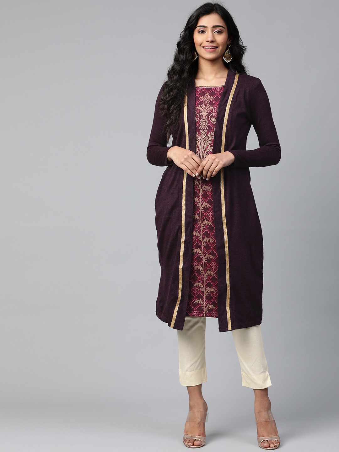 

AURELIA Women Aubergine & Pink Knitted Printed Layered Winter Kurta, Purple