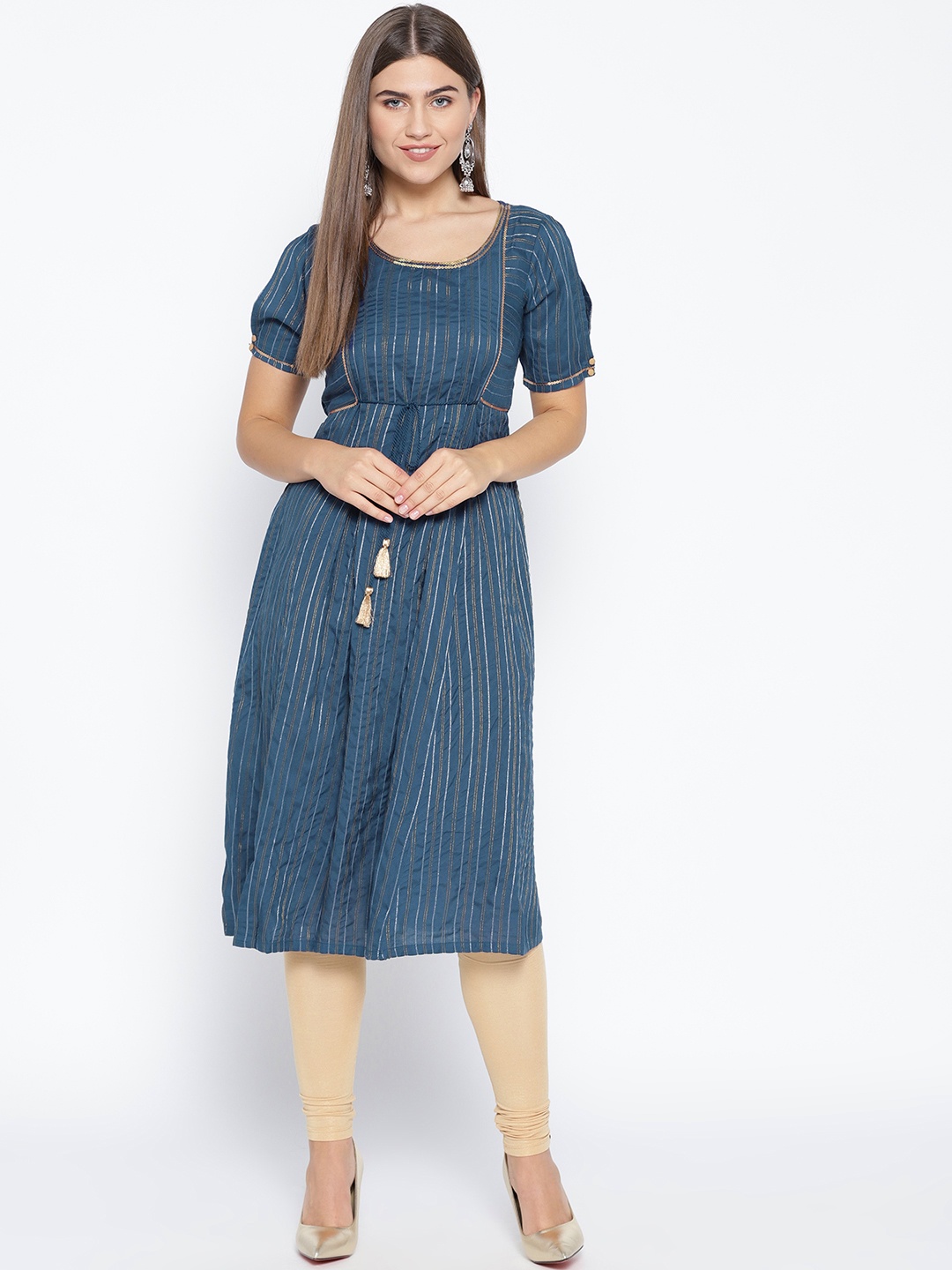 

AURELIA Women Navy Blue Striped Zari Detail Empire A-Line Kurta