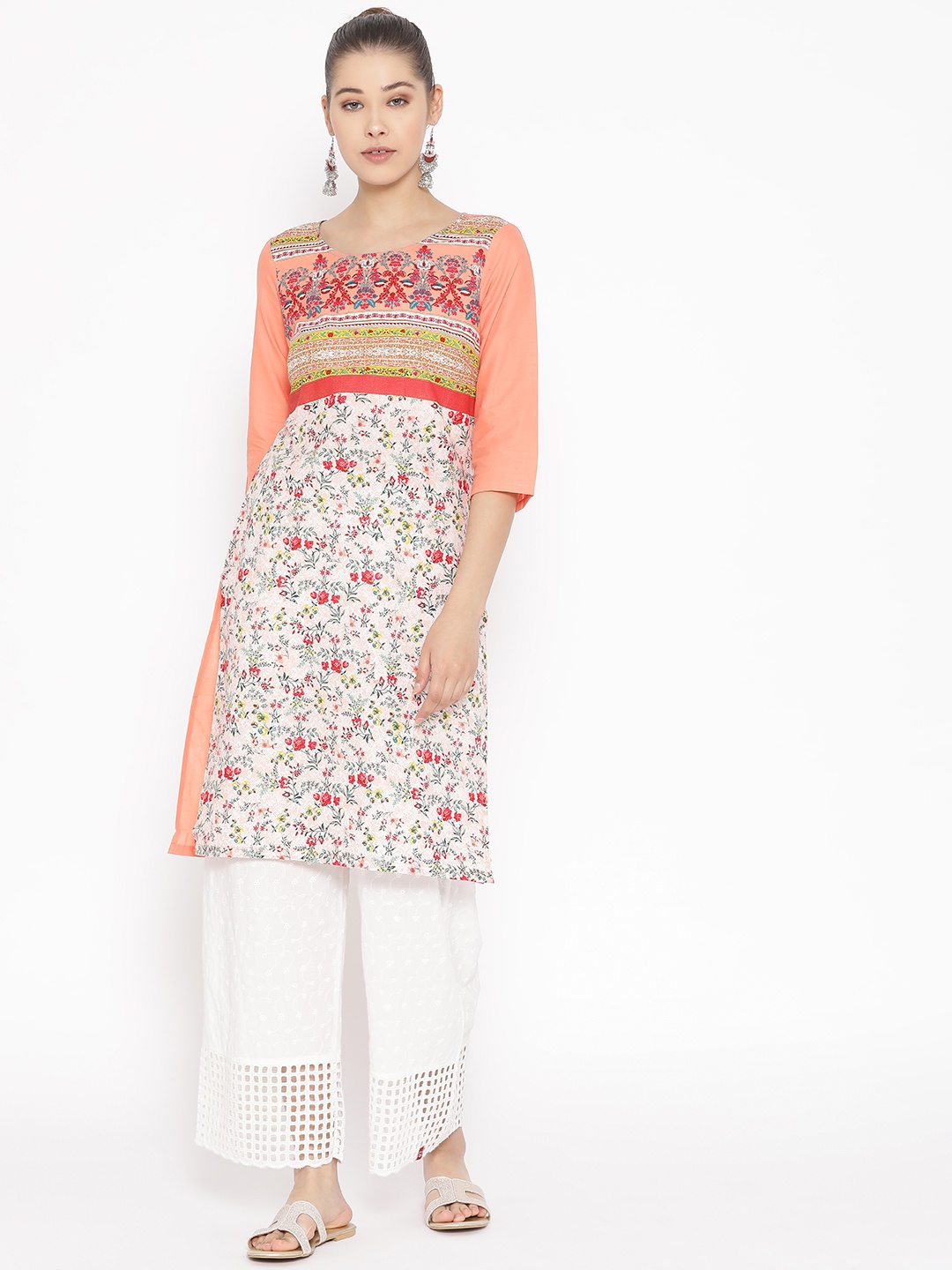 

AURELIA Women Orange & Pink Floral Printed Straight Kurta