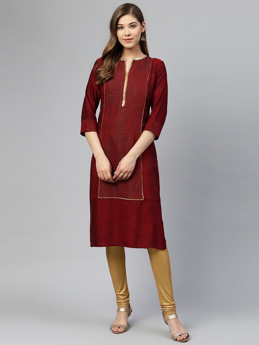 

AURELIA Women Maroon & Golden Striped Straight Kurta