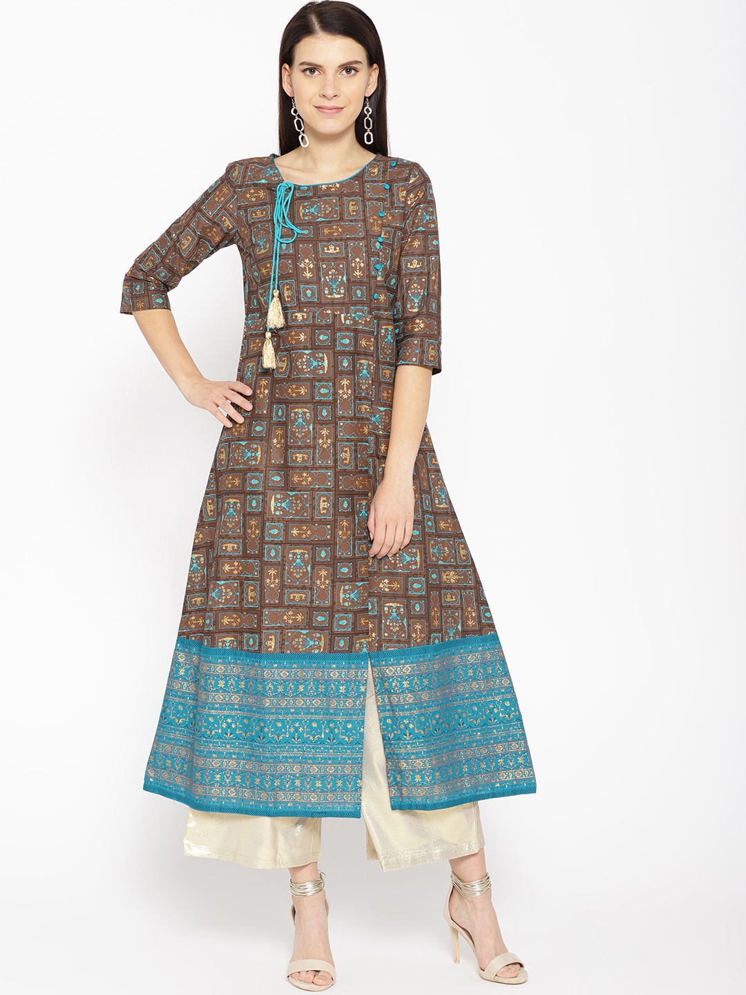 

AURELIA Women Brown & Blue Printed A-Line Kurta
